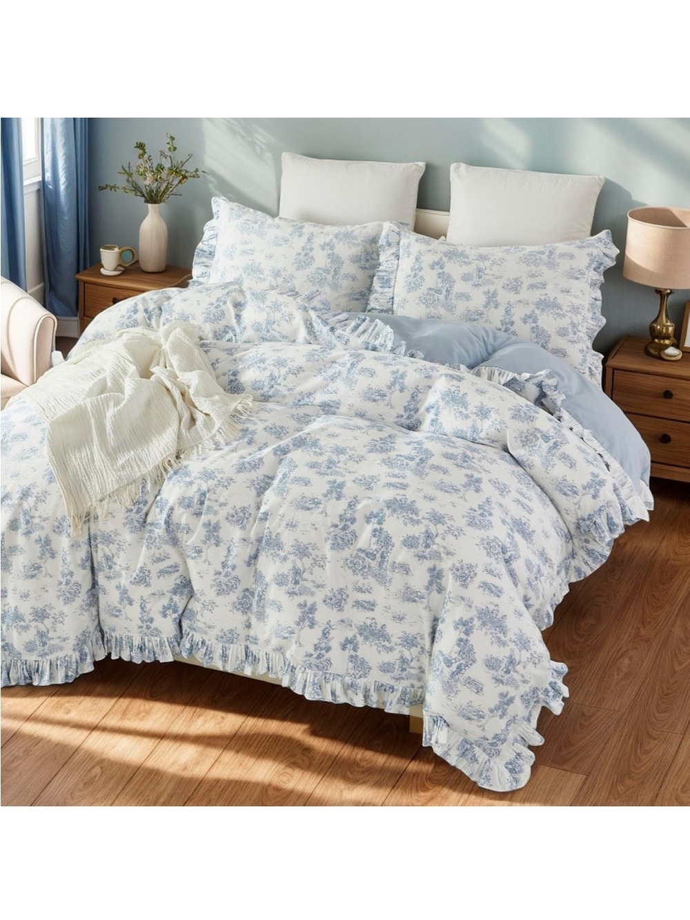 Ruffled Toile Comforter Set in Light Blue and White - Picture 2 of 3
